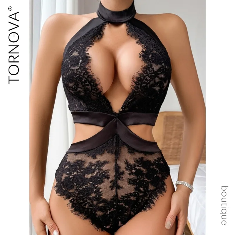 

Tornova Sexy Female Lingerie Halter Solid Color Underwear Jumpsuit Plunge Deep V-neck Lace Patchwork Mesh See-through Onesie New