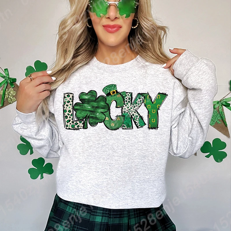 St Patty's Day Lucky Print Pullovers New Fashion Round Neck Tops Women Hoodless Sweatshirt Long-sleeved Autumn Casual Sweatshirt