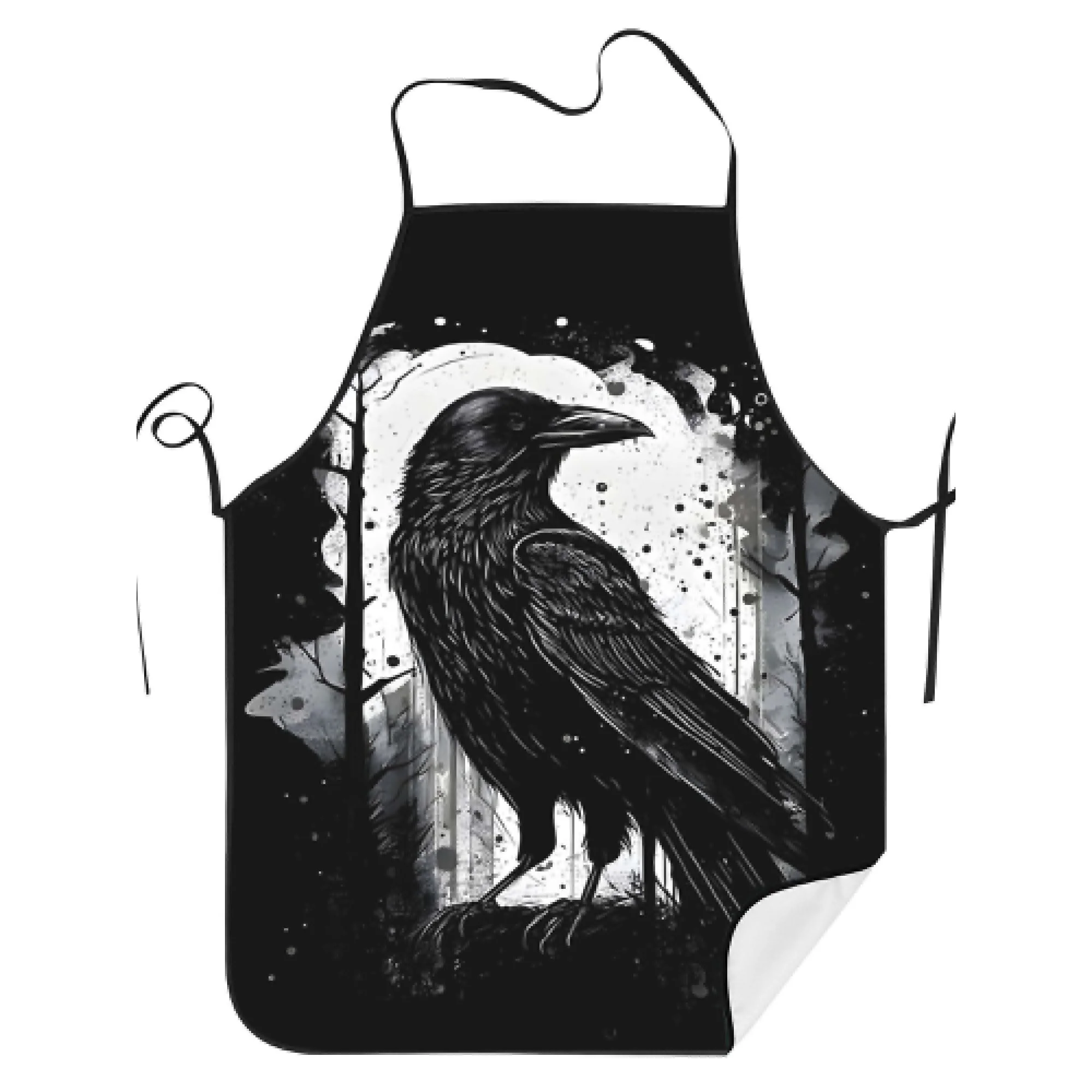 Vintage Grunge Black Crow Raven Apron- Gothic-Inspired Polyester Chef& BBQ Adult Apron with Pockets, Handwash/Dry Clean, Smooth