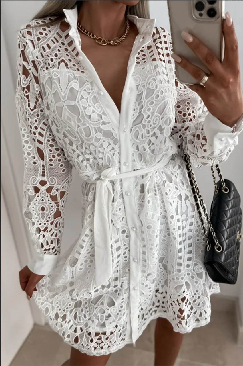 Women's Solid Color Openwork Cinched Waist Design Elegant Dress For Work Office Tea Party Collared Classy Style Summer