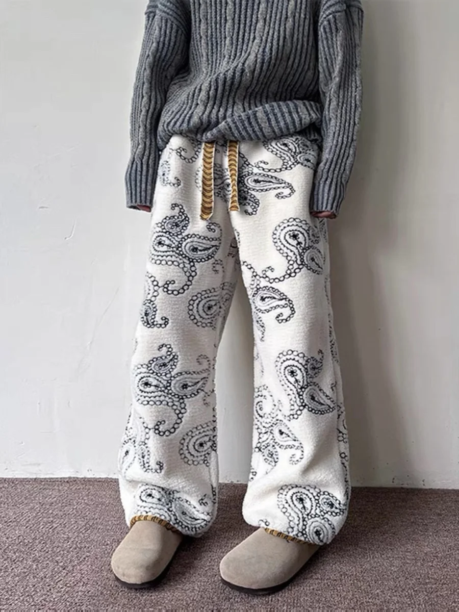 Lamb Wool Casual Cotton-padded Trousers Women South korea Retro Drawstring Waist Hugging Winter Thick Warm Straight Paisley P...