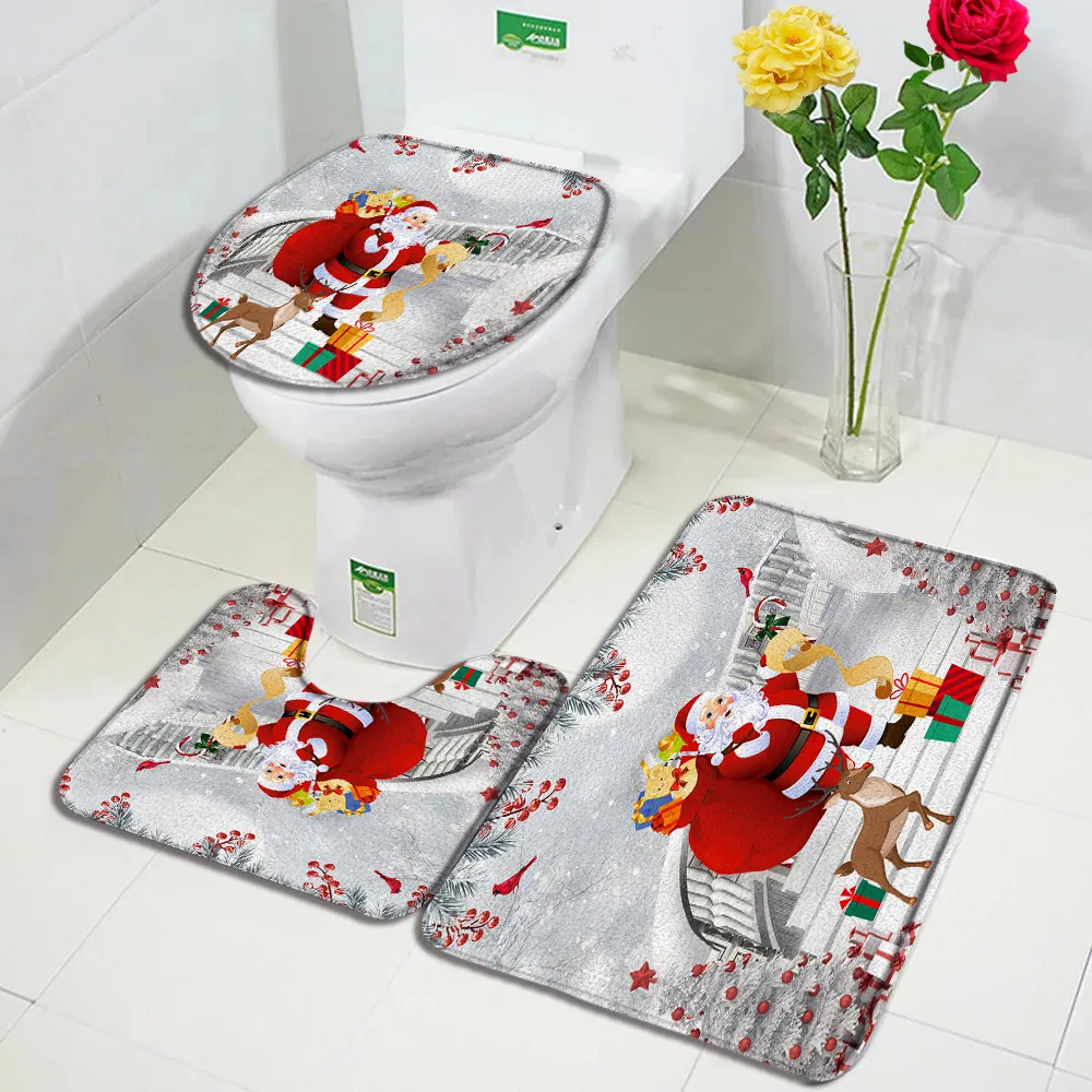 Red Christmas Bath Mat Set Funny Santa Claus Xmas Tree Balls Gift New Year Carpet Home Bathroom Decor Door Mats Rug Toilet Cover