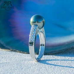 AnuJewel 9-10mm Natural Tahitian Black Pearl Engagement Ring With Certificate 925 Sterling Silver Ring Moissanite Ring Wholesale
