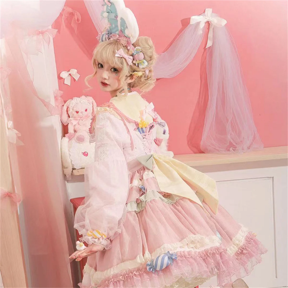 Robe à volants en dentelle à pois pour filles, style japonais, doux, cosplay, JSK, Kawaii, Lolita, mignon, Loli, bonbon, fête, col beurre, nœud rayé