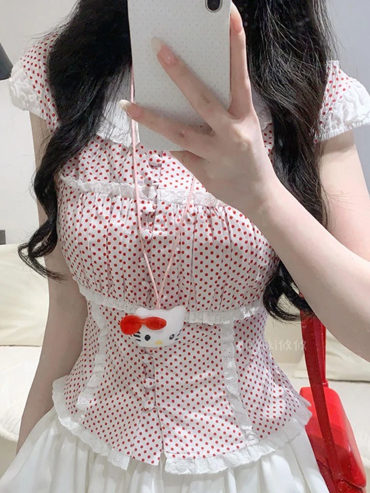 

Korean Style Sexy Slim Design Base Shirt Sweet Girl Pink Lace Dot Print Sleeveless Tops Women Summer Elegant Doll Collar Outfits