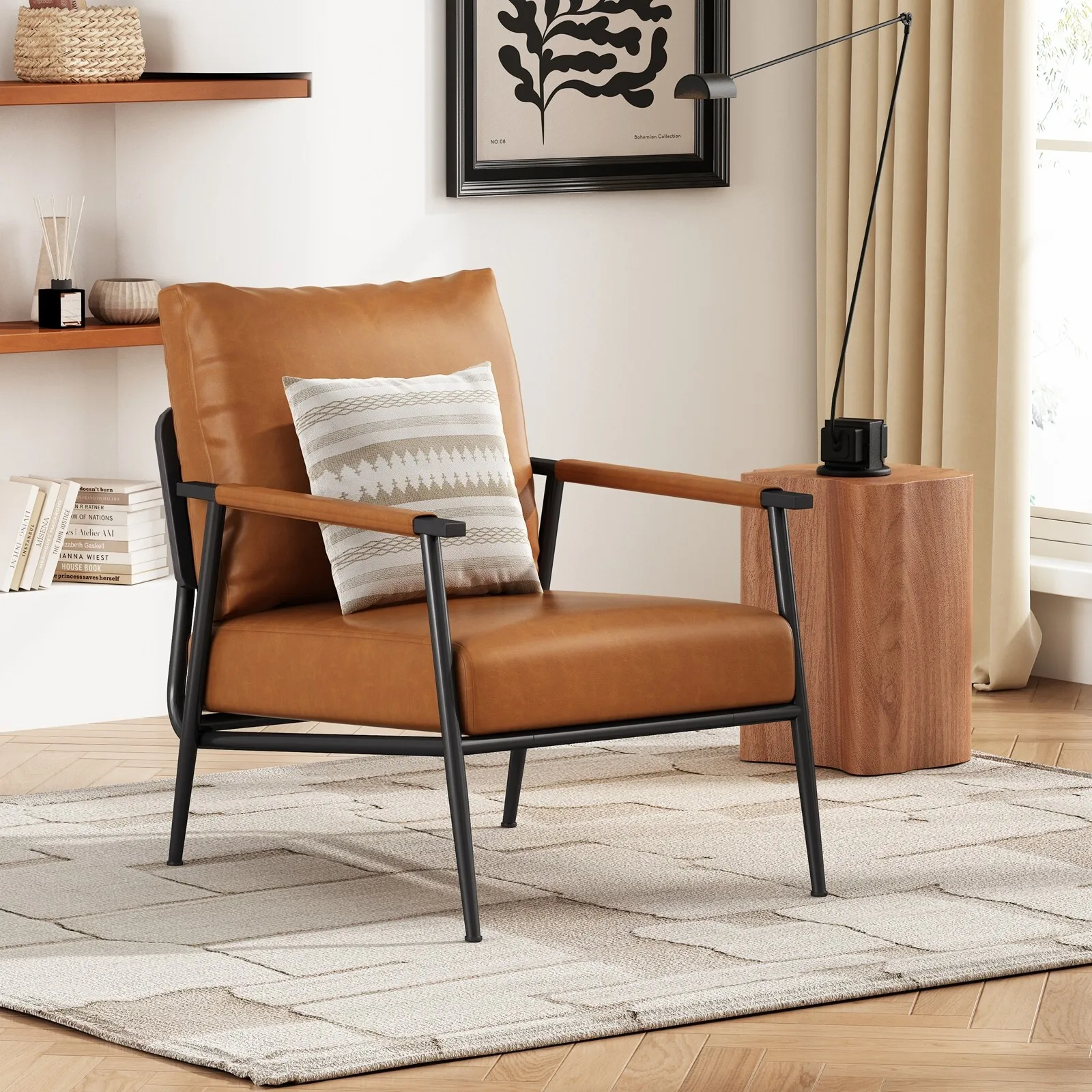 

Accent Chair Faux Leather Upholstered Arm Chair with Metal Frame for Living Room