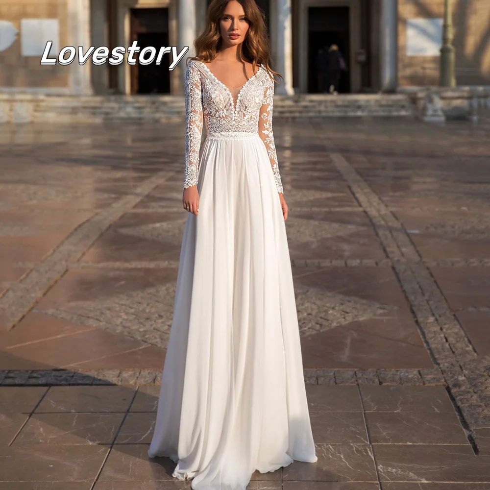 

New Boho A Line Wedding Dresses Lace V Neck Sexy Long Sleeve Bridal Dress Chiffon Bridal Gowns Custom Made Vestido De Novia