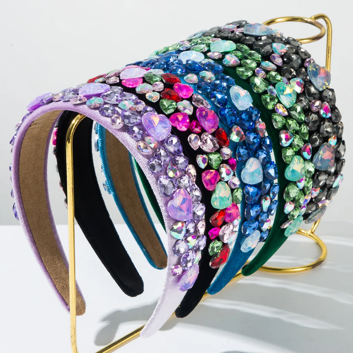 

New Baroque Wide-edged Colored Love Full Diamond Headband Sweet High-end Banquet Hair Accessories Women
