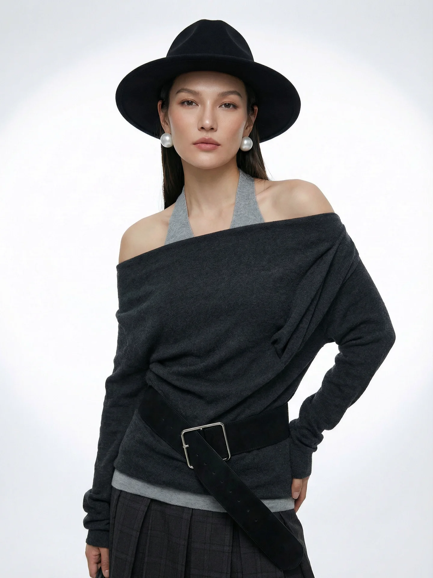 

Loose Fit Knitted One oulder Color Blo Fake Two-Piece Women's Sweater Comfortable Casual Daily Wear Soft Fabric Long Sve