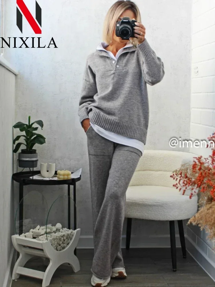 New in Autumn Winter Women Knitted Sweater Sexy Two Piece Sets Warm Casual Long Sleeve Pullovers Wide Leg Pants Ladies Suits