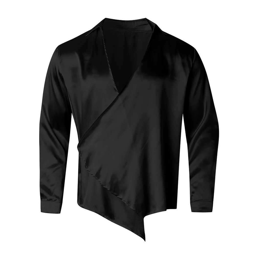 Men's Satin-like Deep V-neck Shirt Loose Lapel Long Sleeve Casual Button-Down Top For Cross Street Party Clubwear Top