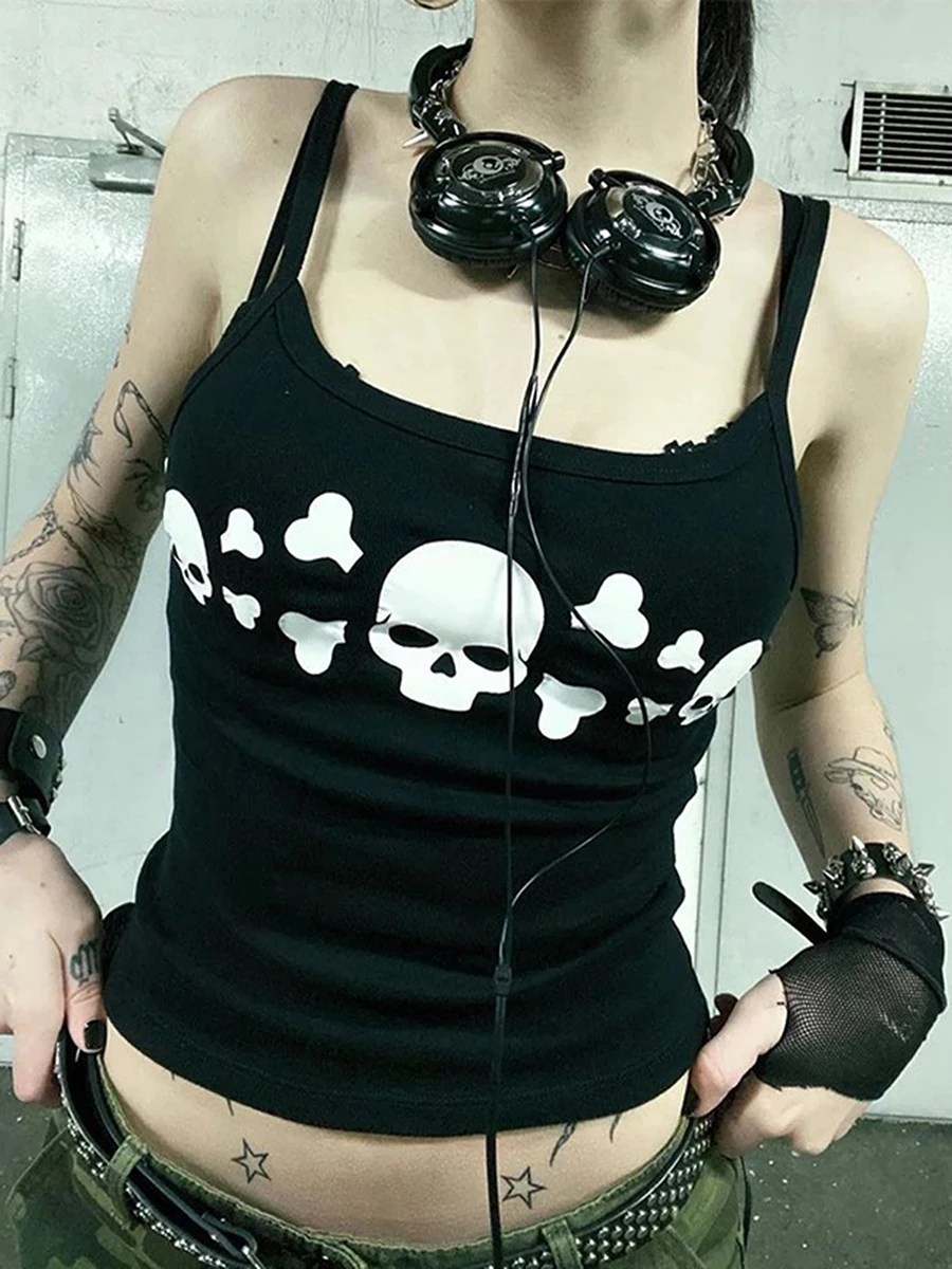 Women Goth Tank Tops Vintage Skull Print Backless Low Cut Camisoles Sleeveless  Fit Shirt Y2K Streetwear