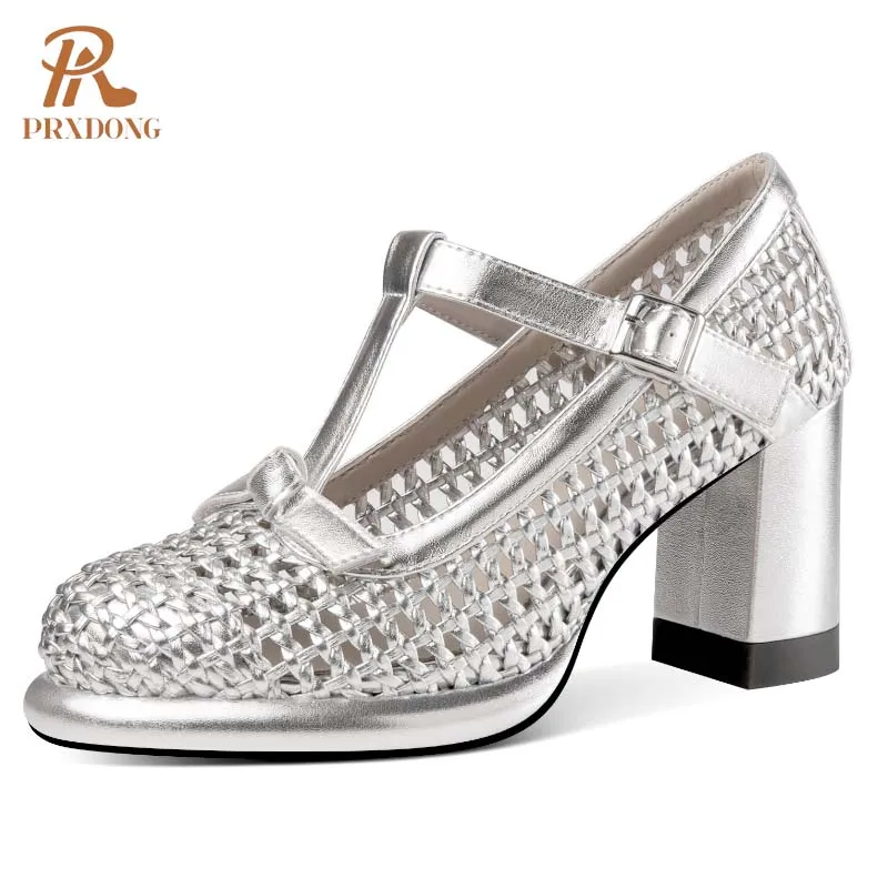 

PRXDONG 2025 New Brand Qulaity Leather Spring SUmmer Women Pumps Chunky High Heel T-strap Black Silver Dress Party Wedding Shoes