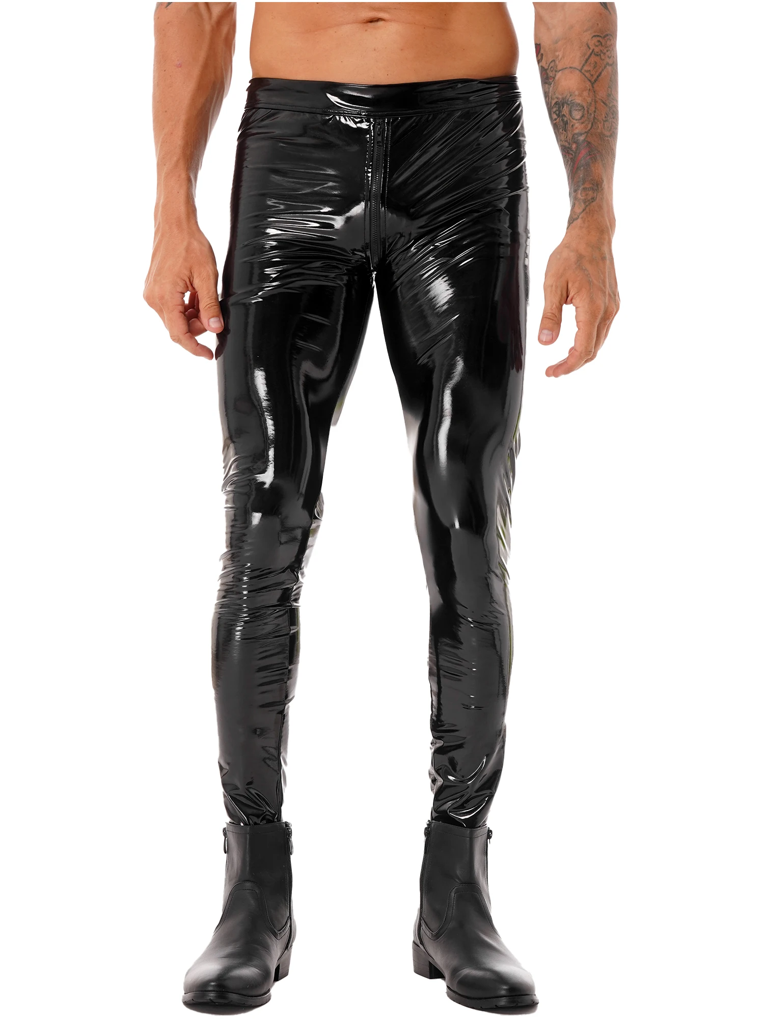 FEESHOW Mens Two-way Zipper Crotch Long Trousers Wet Look Patent Leather Skinny Legging Pants Clubwear