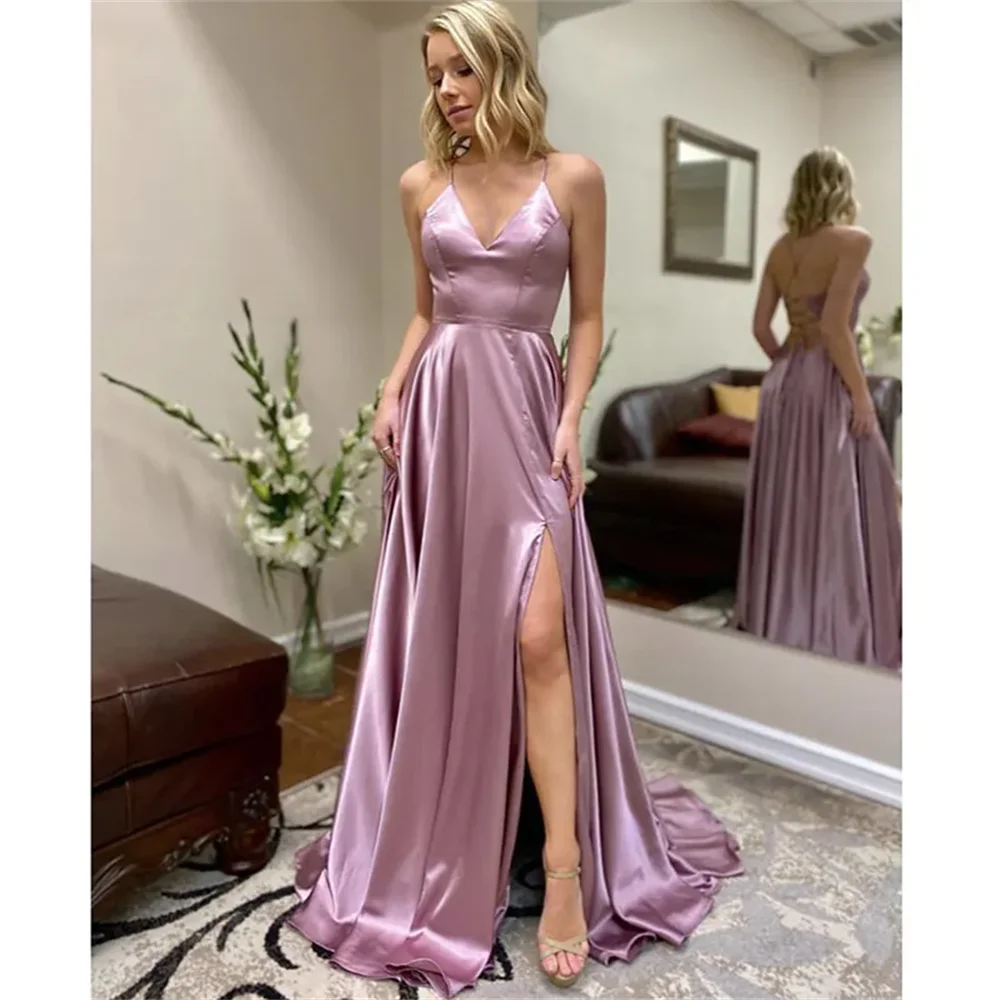 

2024 Long Prom Dress with Lace Up Back Purple V Neck Spaghetti Strap Elastic Satin A Line Split Evening Gowns
