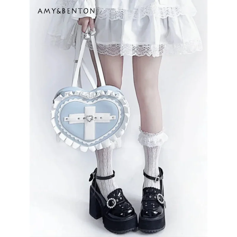 

25COSJapanese Mine Mass-Produced Лоскутный рюкзак с крестом и сердечками и крыльями, милый милый рюкзак в стиле Лолиты Kawaii, кожаный мини-рюкзак Kawaii