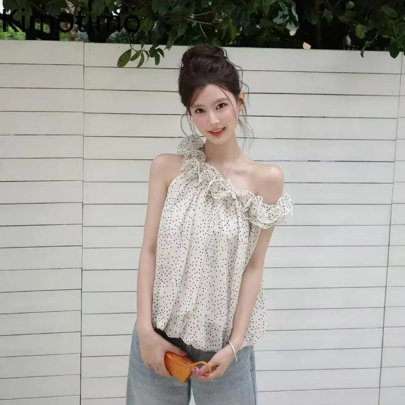 Kimotimo Sexy Ruffle Slash Neck Polka Dot Chiffon Blouse Women Summer Temperament Off Shoulder Tops Korean Sweet Y2k Shirt Blusa