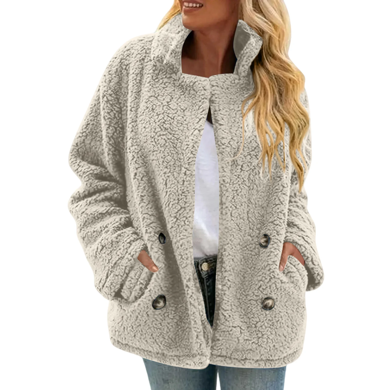 

Women's Autumn/Winter Double-Sided Fleece Outerwear Plush Patch Pocket Button Cardigan Casual Top Jacket Fall Women's Coats