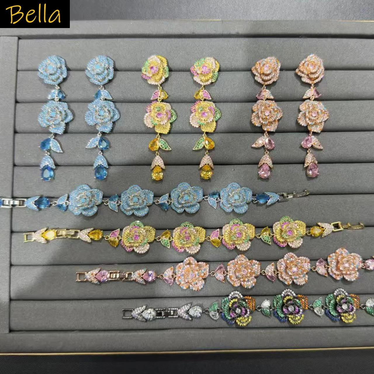 

fashion cubic zirconia earrings and bracelet for women luxury jewelry gala event wedding party pink blue yellow flower unique