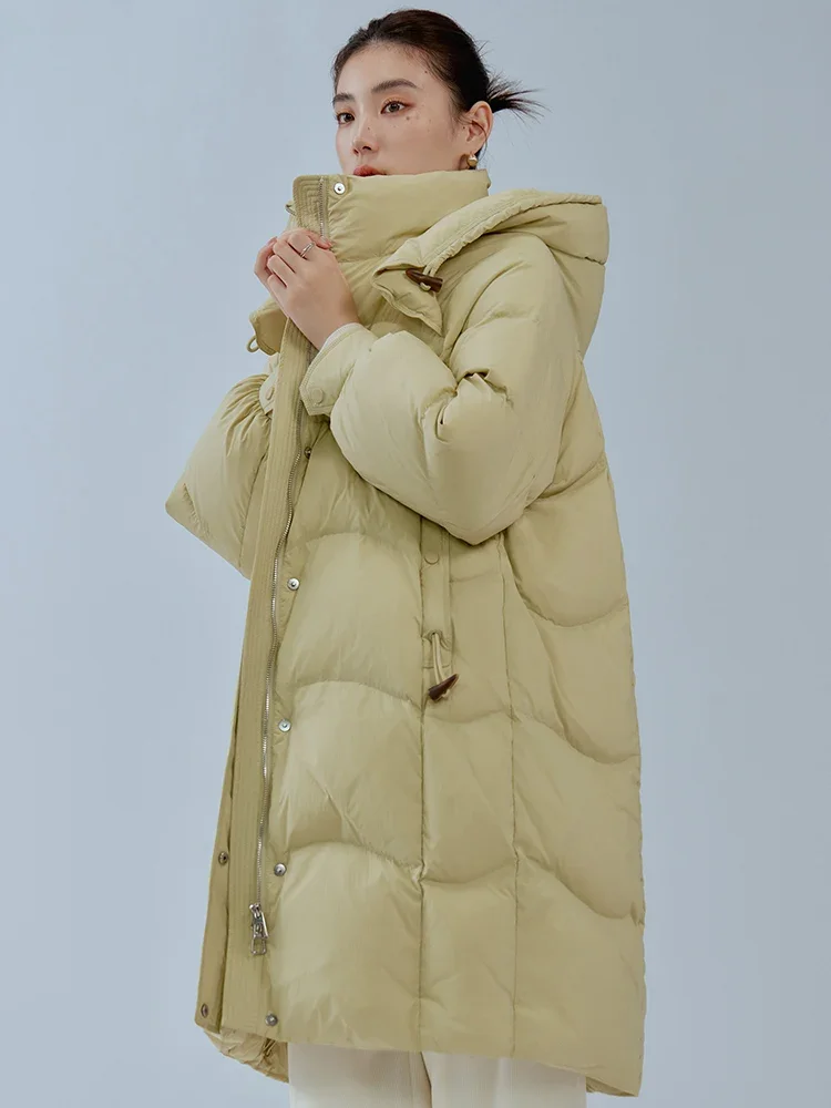 DUSHU 208G Filling Capacity Women Mid-Length Thicken White Duck Down Jackets Detachable Hooded Design Female Yellow Down Coat