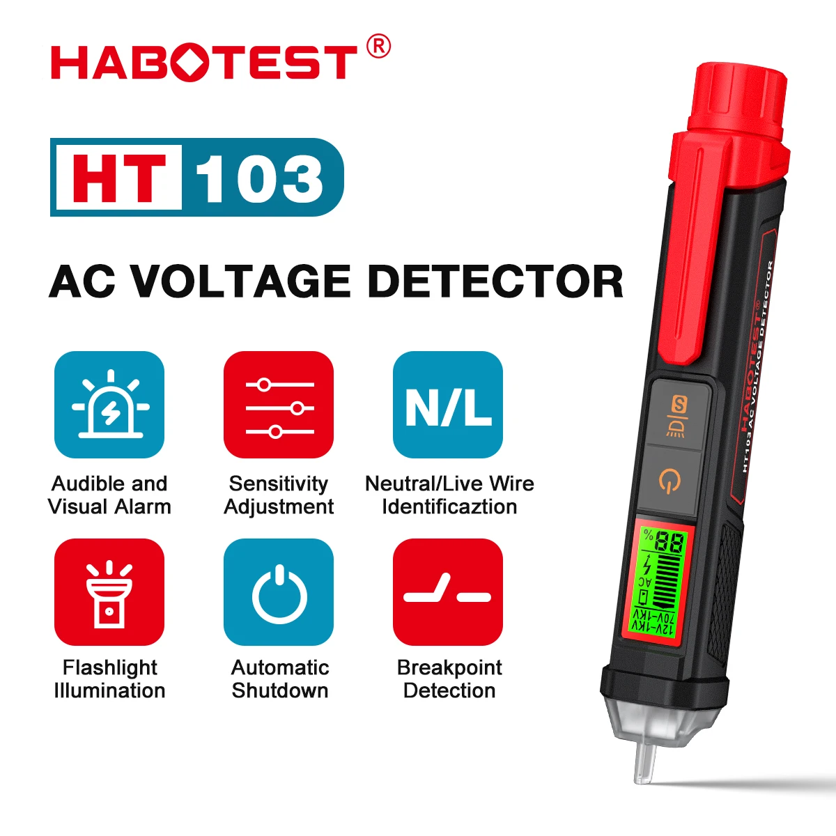 Detector de Voltaje sin Contacto HABOTEST HT103, Identificación de Cable Fase/Neutro de Alta Precisión, 12-1000V, con Linterna, Detección de CA