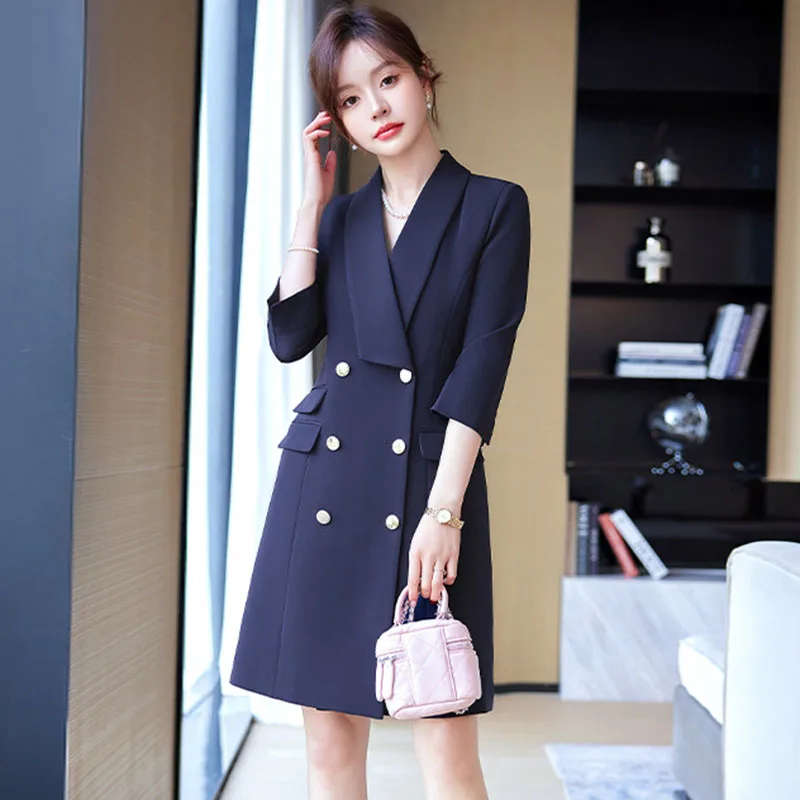 

Fashion Blazer Women Jacket 2025 New Spring Solid Half Sleeve Long Blazer Dress Slim Double Breasted Lady Office Suit Overwear