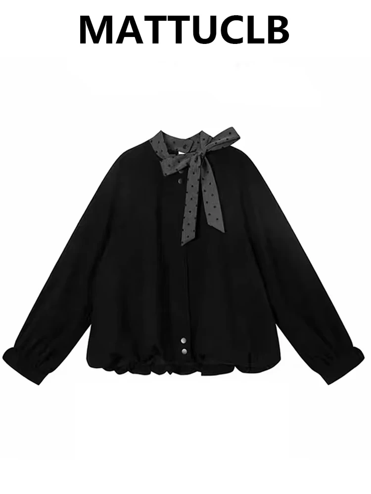 

2025 Autumn Winter Women Shoujo Long Sleeve Black Shirt Vintage Blouse Y2k 2000s Tops Design French Korean Preppy Style Tide New