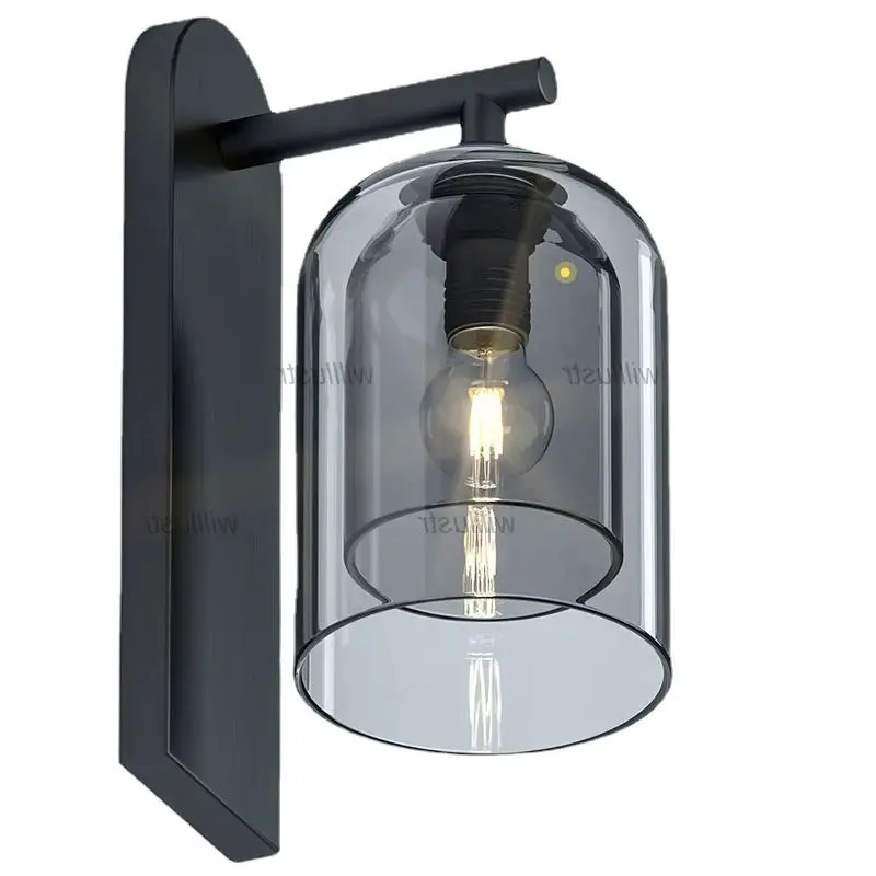

Industrial Iron Sconce Modern Two-Layer Glass Wall Lamp Hallway Aisle Bedside Balcony Cafe Cognac Smoke Double Glazing Light