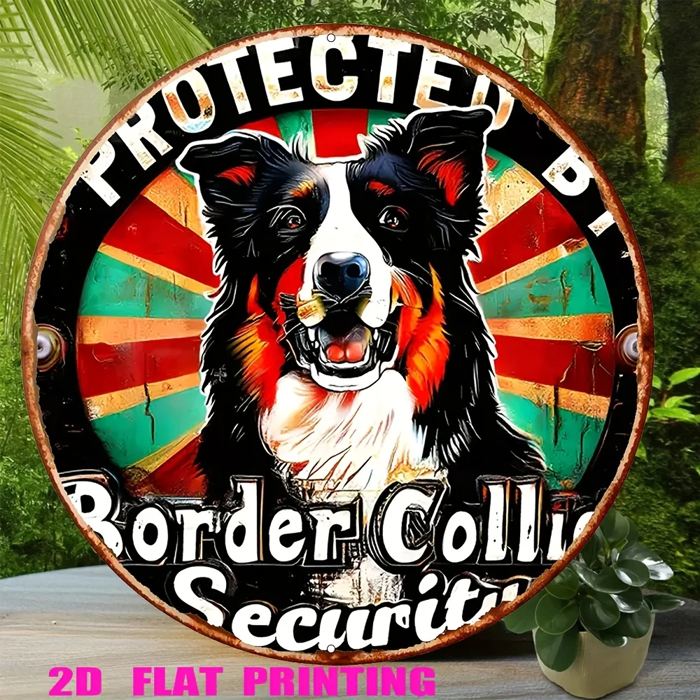 1 Stück 2D flach bedrucktes Border-Collie-Hundebild |   Rustikale Aluminium-Wanddekoration mit der Aufschrift „Protected by Border Collie“