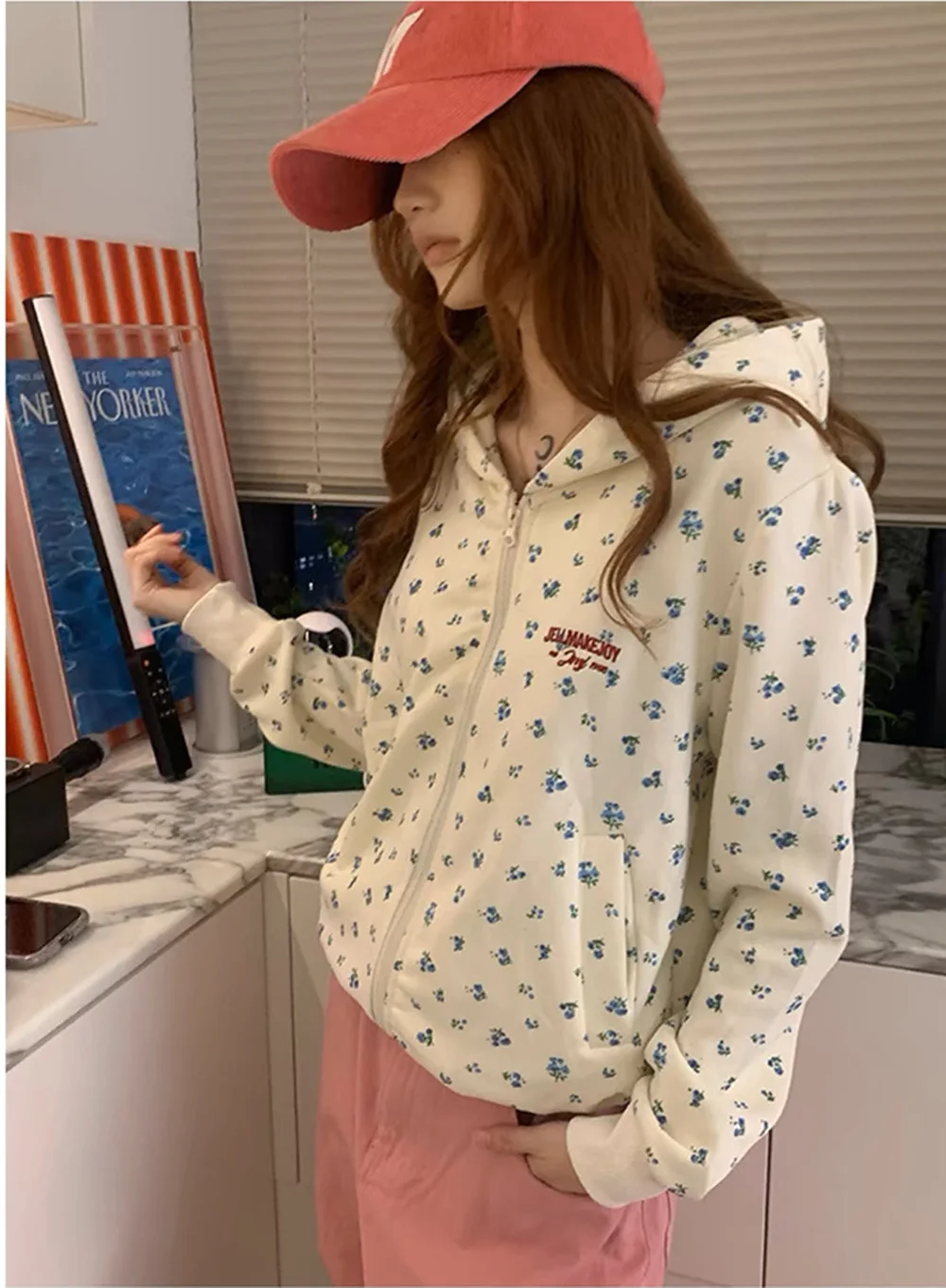 アメリカンレトロ花柄フード付きジャケット女性特大カレッジカーディガンスウェットシャツ秋冬ルーズカジュアル長袖トップ