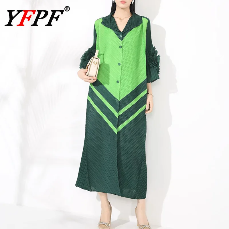 

YFPF Contrast Color Printing Pleated Women Dress Lapel Button Floral Sleeve Loose Fashion Dresses Elegant 2025 Clothing 3A256