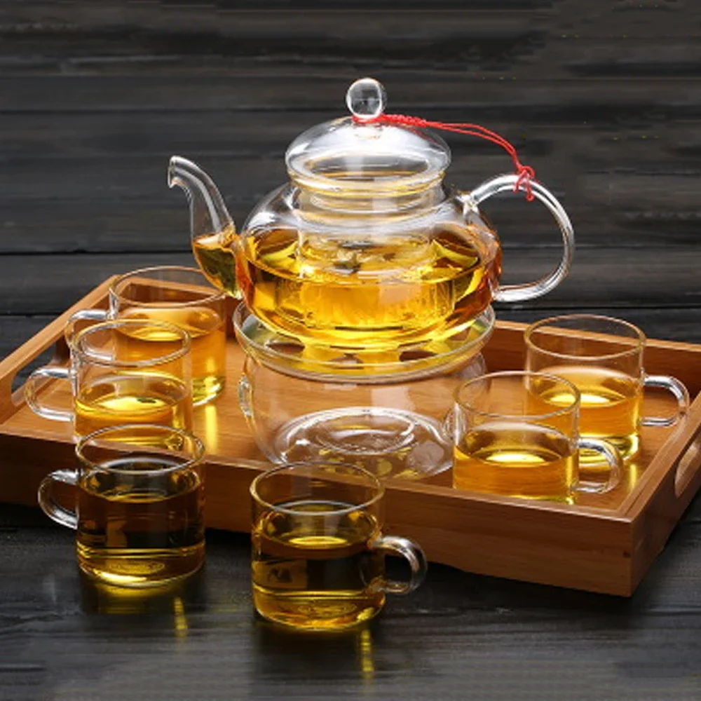 All Ready Elegant Glass Tea Set Borosilicate Glass Teapot With Cups Bamboo Tea Tray Tea SetKettle Warmer Glass Teapot Giftset