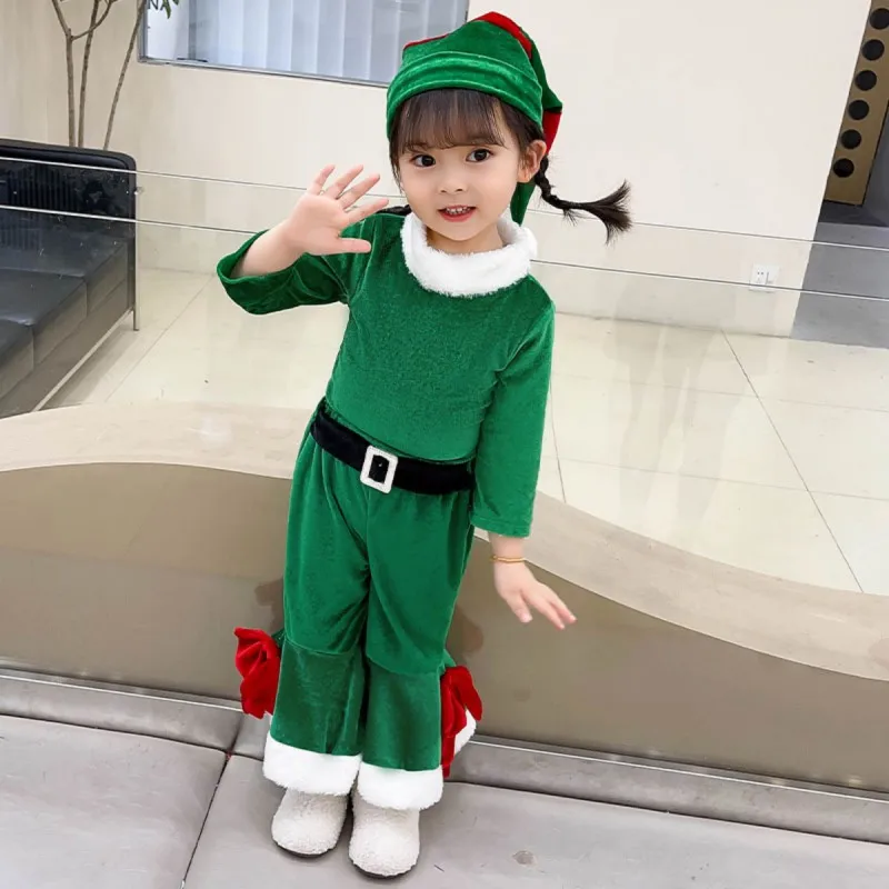 Christmas Children Clothing Set Kids Elves New Year Long Sleeve Tops Pants Hat 3Pcs Santa Claus Xmas Outfit Girls Party Costume