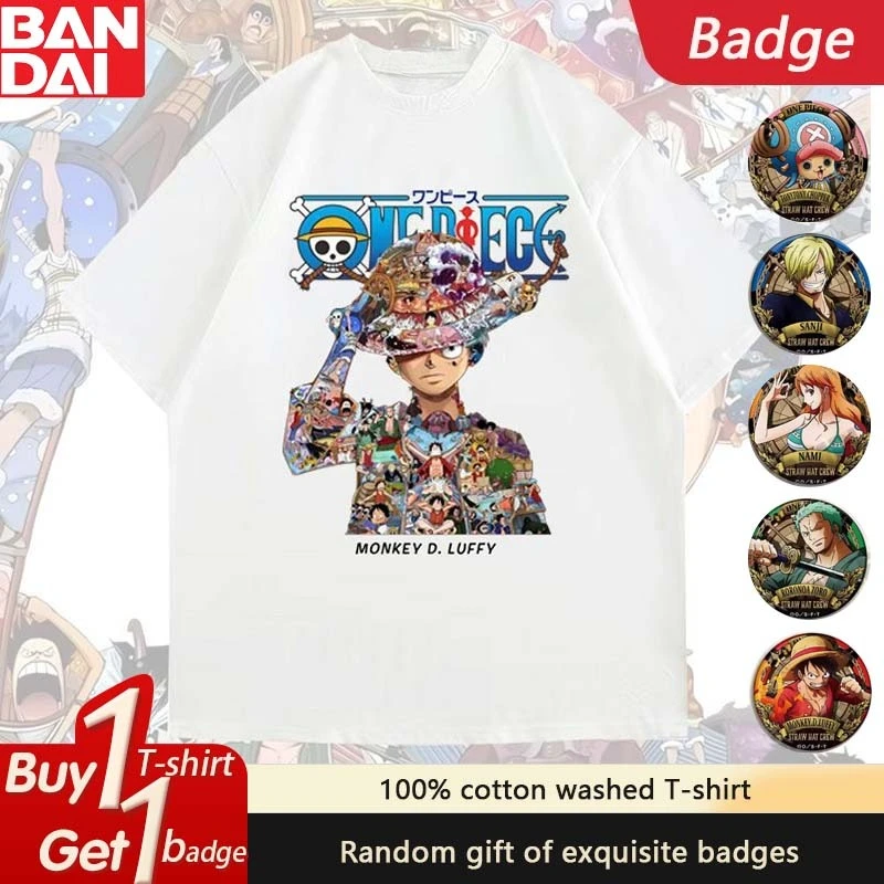 

Bandai Genuine New Riman ONE PIECE Cotton T-Shirt Men's and Women's Luffy Graffiti Printed Short Sleeves Send Badges