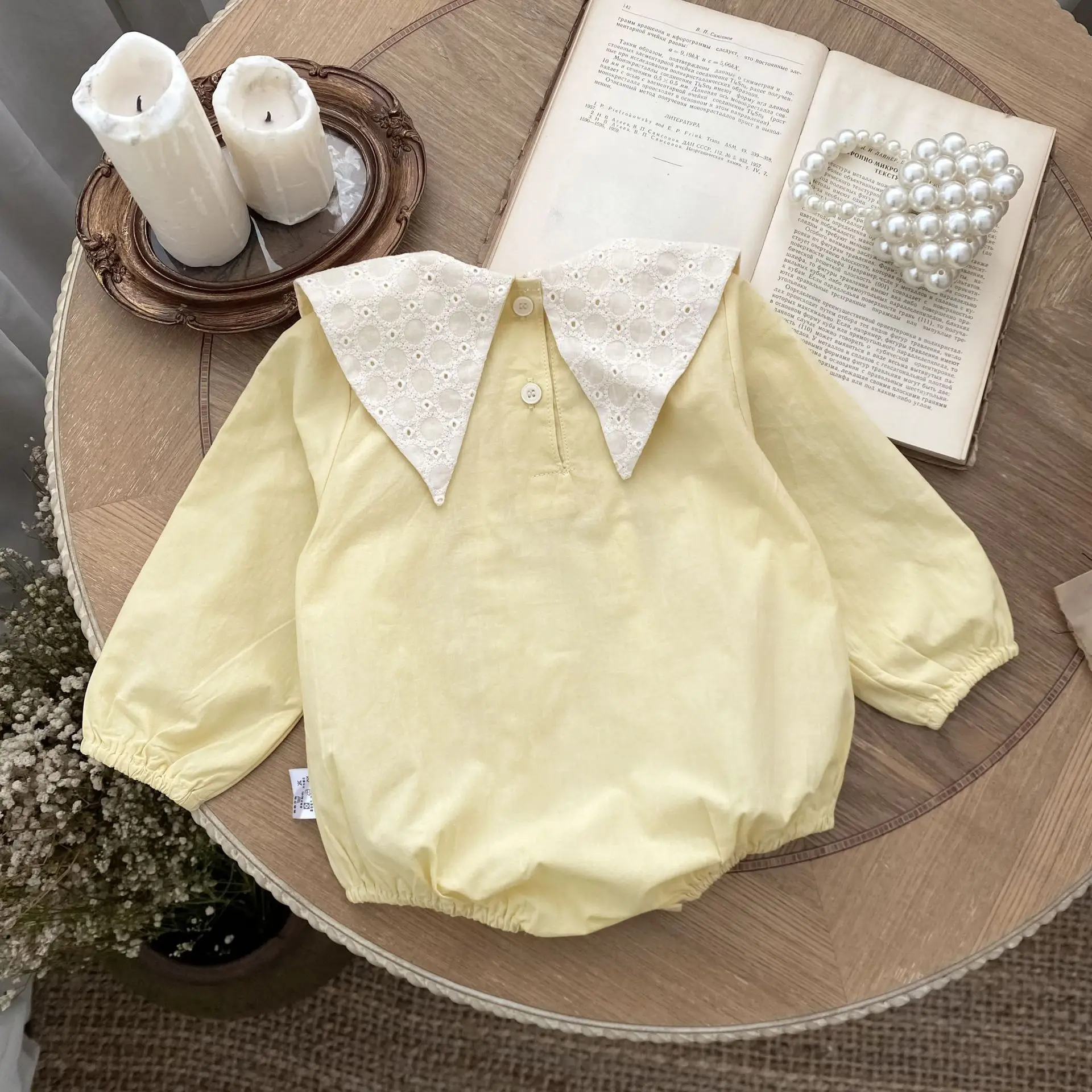 2024 Autumn New Baby Girl Embroidery Lapel Bow Bodysuit Infant Toddler Long Sleeve Solid Jumpsuit Cotton Princess Clothes 0-24M