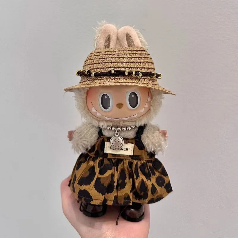 ملابس الدمية الصغيرة إكسسوارات الزي لـ 15-17 سنتيمتر Ropa Labubu و10 سنتيمتر دمية القطن ليوبارد طباعة تنورة قبعة حذاء الملابس