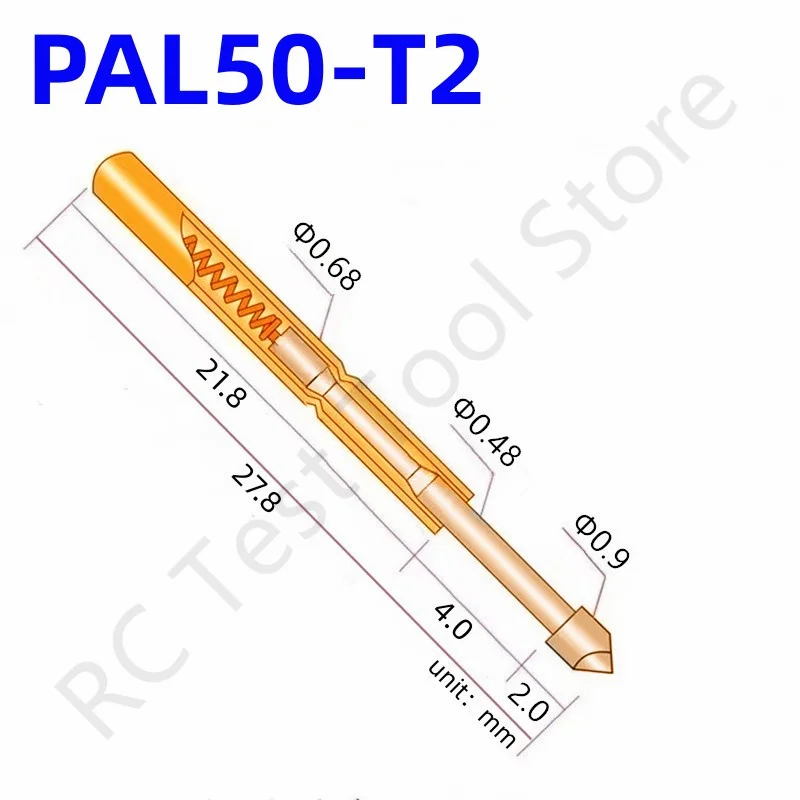 

100PCS PAL50-T2 Spring Test Probe PAL50-T Test Pin Tool 27.8mm Dia0.68mm Gold Needle Tip Dia 0.90mm Pogo Pin PL50-T PL50-T2