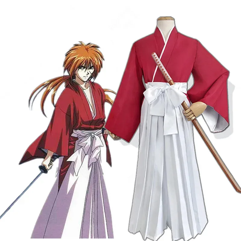 

qq023Аниме Косплей Костюм HIMURA KENSHIN Кимоно Хэллоуин Вечеринка Необычный самурай Кендо Комплект одежды Топ Брюки Пояс + парики + меч