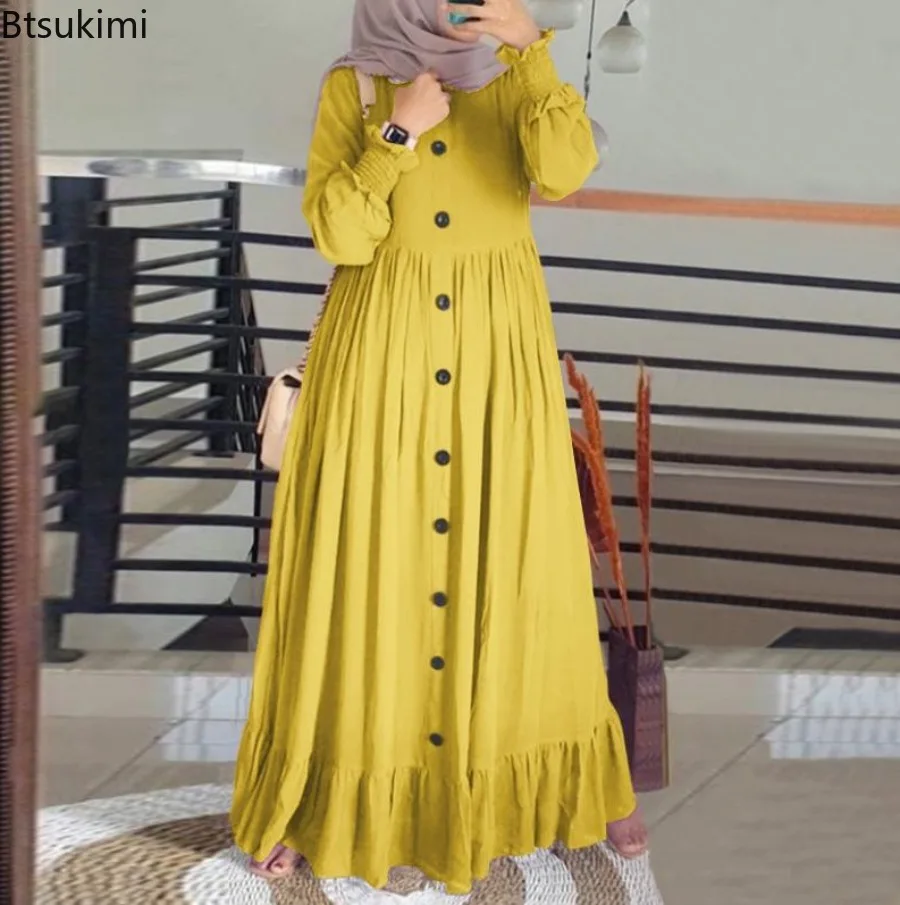 New Women Muslim Long Dresses Fashion Vintage Petal Sleeve Ruffle Hem Sundress Female Casual Cotton Linen Maxi Dress Muslim Robe