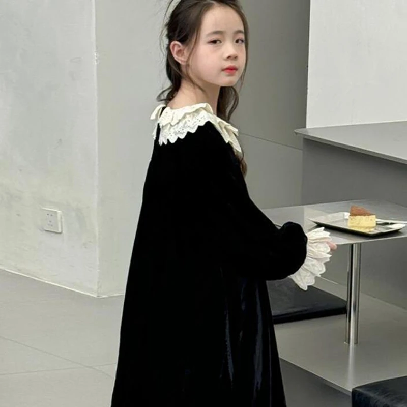 6-15Years Teenager Girls Long Sleeve Dress Children Full Princess Party Dress Big Girls Outfits Maxi Dress in Black 7 8 9 10 11