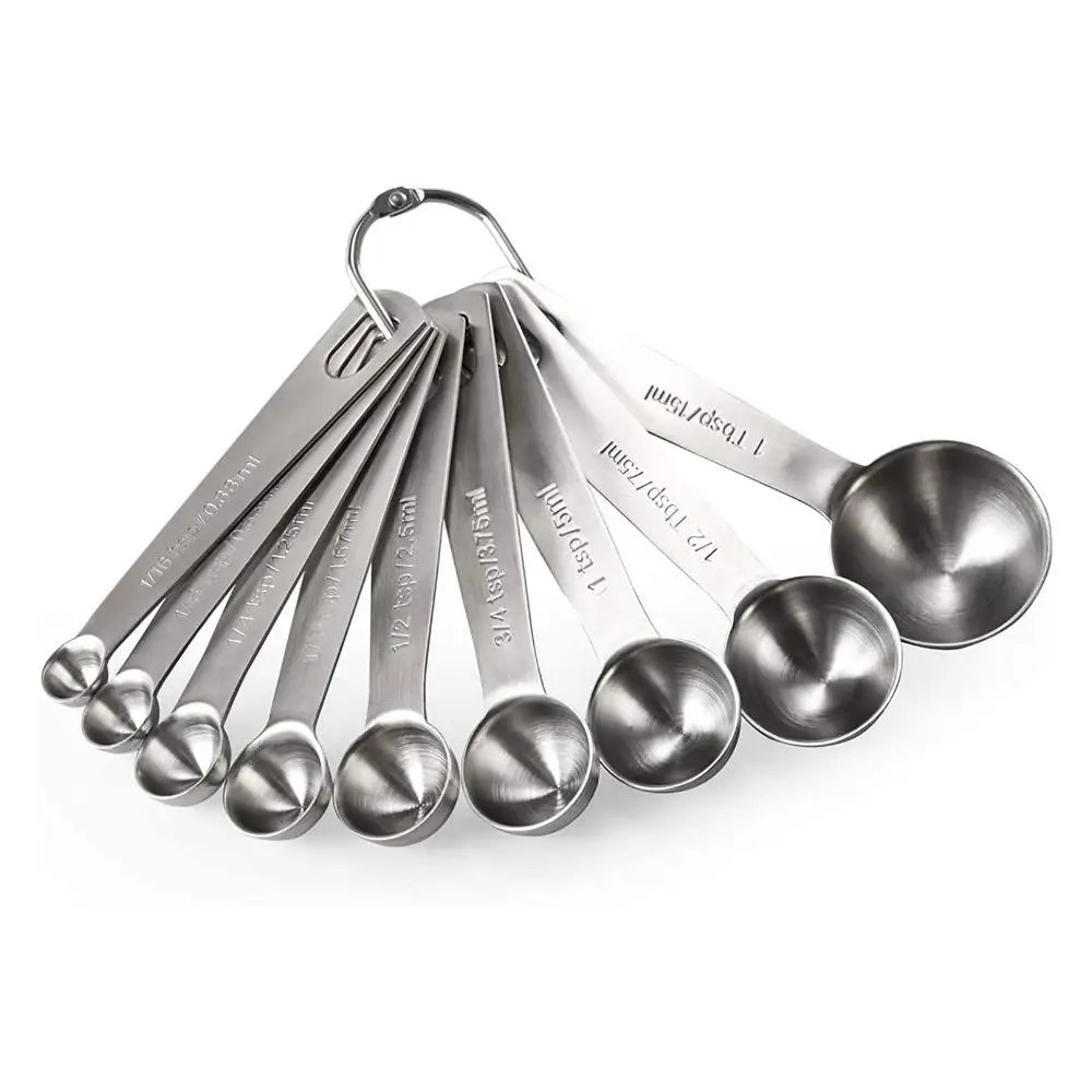 Stainless steel measuring spoon set, including American and metric measuring spoons, for measuring dryness and liquid compositio