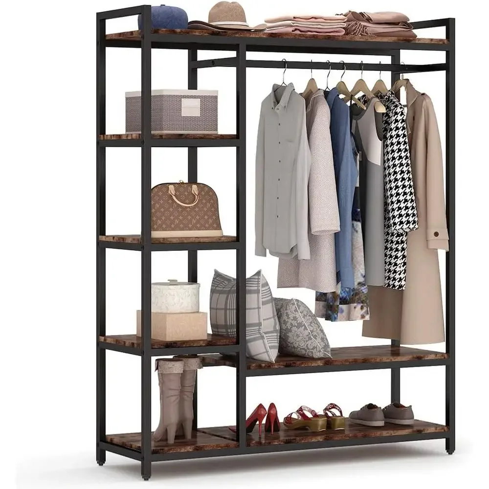 

ree Standing Wood Closet Clothes Rack,Heavy Duty Gent Rack with Shelves,Hanging Racks or Clothes Clothing Rack or Bedrom,Wardrob