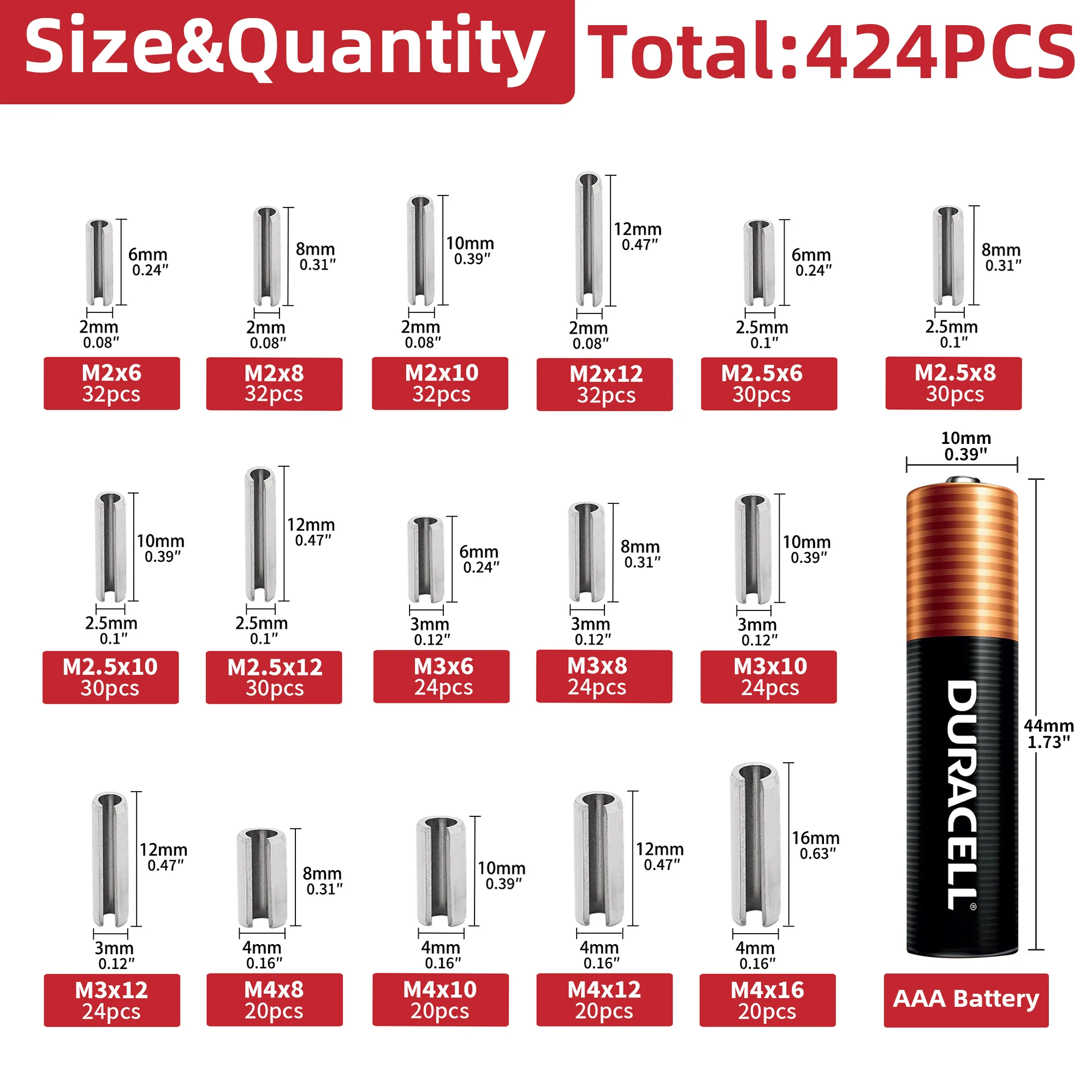 424pcs 304 Stainless Steel Roll Pin Assortment set M2 M2.5 M3 M4 Elastic Cotter Cylindrical Positioning Tension Dowel