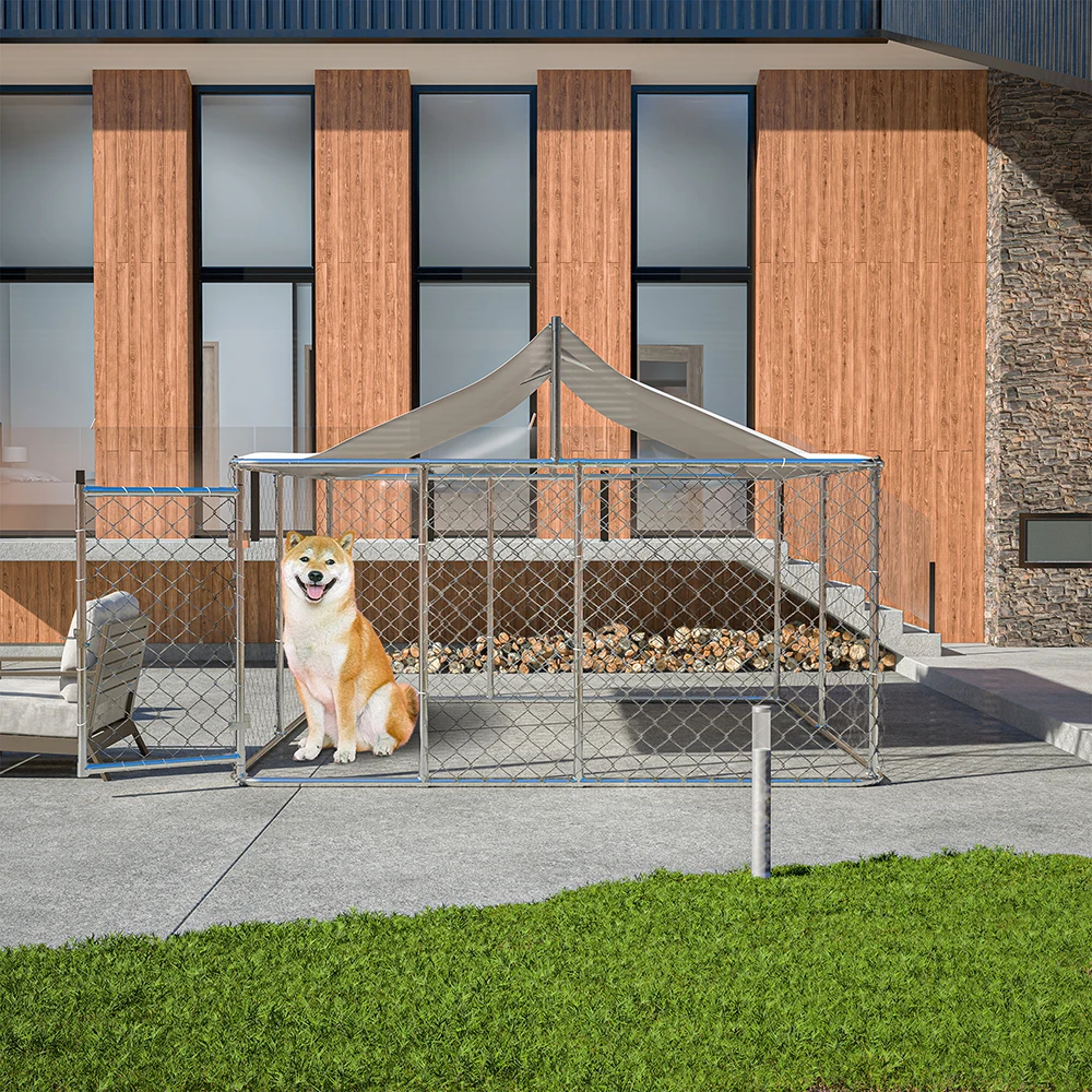 10'×10'×6' Outdoor Dog Kennel for Large Dogs - Heavy Duty Galvanized Steel Enclosure with Waterproof Roof & Secure Safety Lock