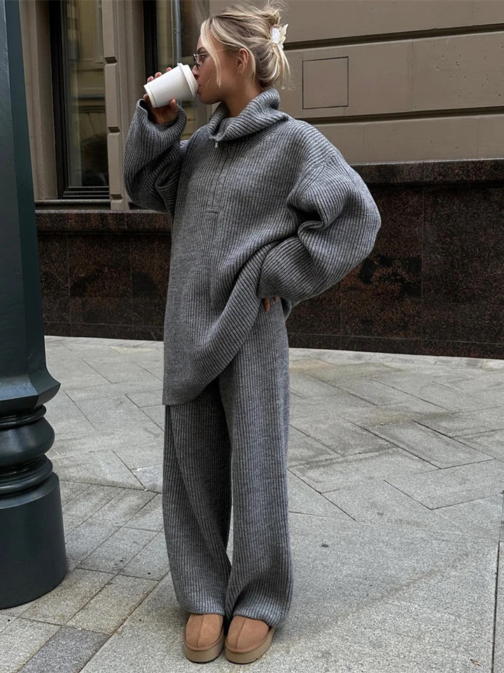 Autumn Winter Women Two Piece Set Turtleneck Half Zipper Knit