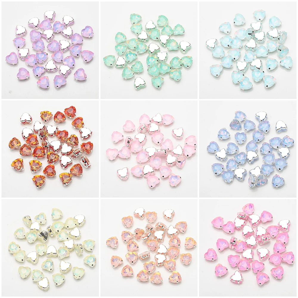 20 pz/lotto 10mm cristallo di vetro amore cuore gemme perline opale argento artiglio strass artigianato gioielli fai da te fare accessori fatti a