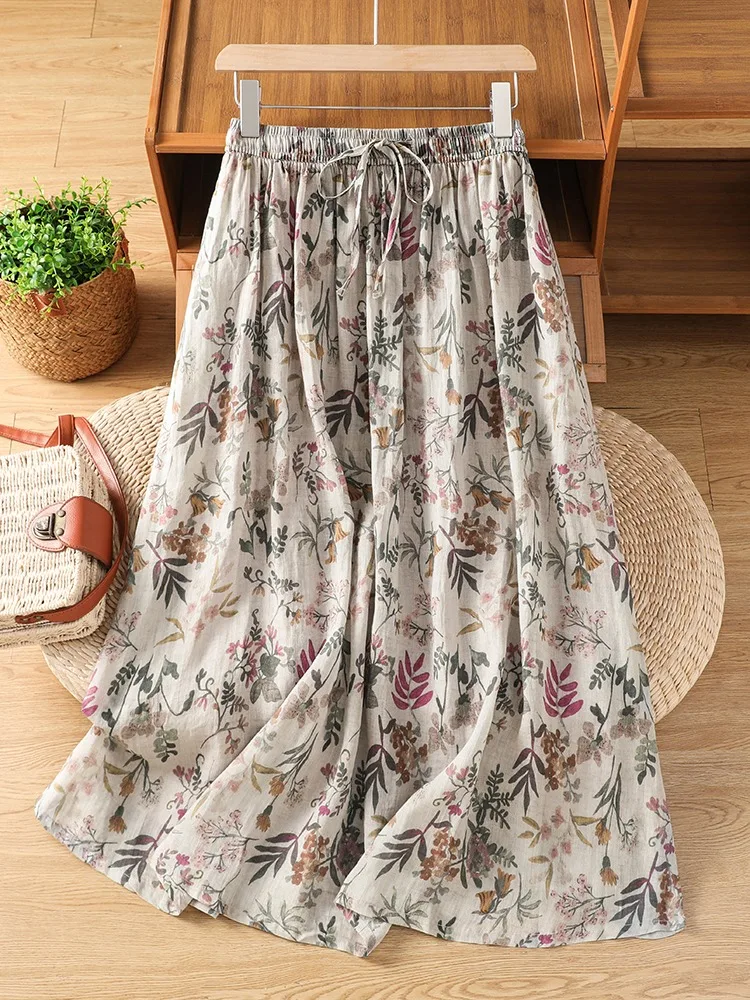 

Retro Floral Linen Half Skirt Women's Summer Lightweight Breathable Elastic Waist Versatile Casual A-Line Midi Skirt