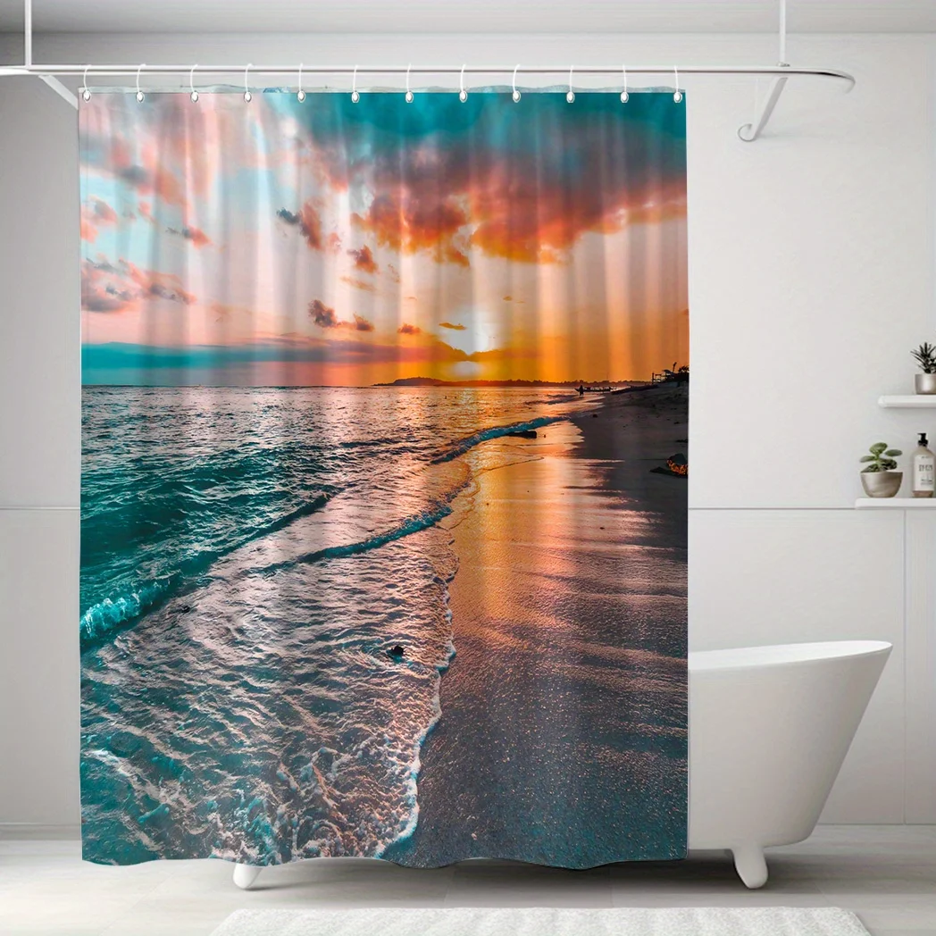 

Sunset Beach Shower Curtain - Ocean Print, Waterproof Polyester, Bathroom Decor, 71x71 Inches