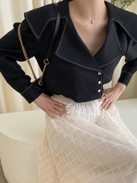 

Chic Bla irt Women's Spring New Sle 2026 Versatile Age-Defng Faionable Large Collar Single Button Loose Fit Casual ...