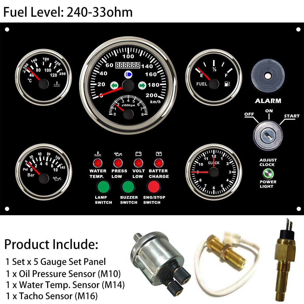 

Ship Car 5 Gauge Panel with 0-200km/h GPS Speedometer +8KRPM Tachometer Fuel Level Water Temp. Oil Pressure Clock 300*190 mm 12V